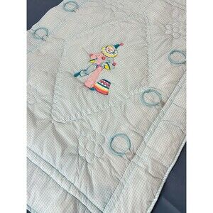 Vintage NOS Kozee Komfort Blue Gingham Clown Baby Quilt Blanket 35" X 47"